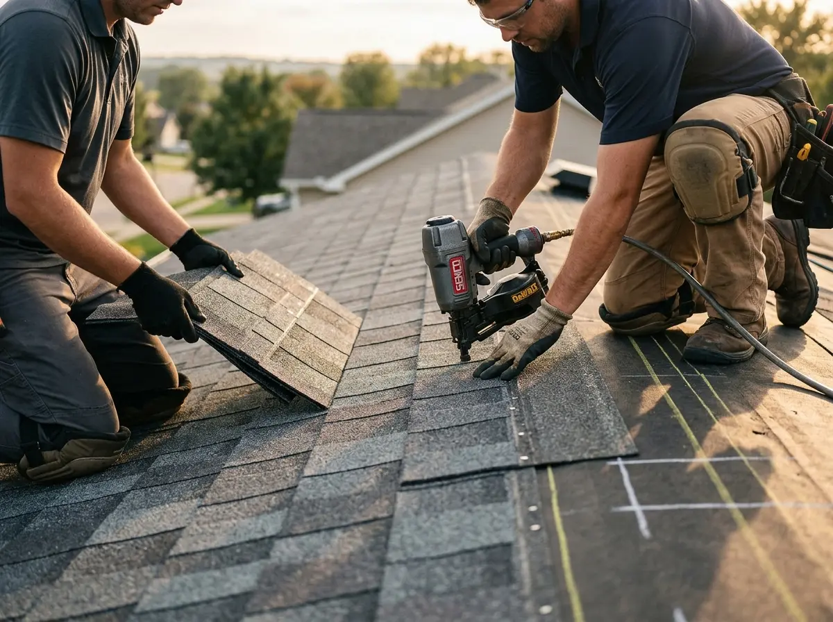 Professional roofer working on a residential roof in Rindge